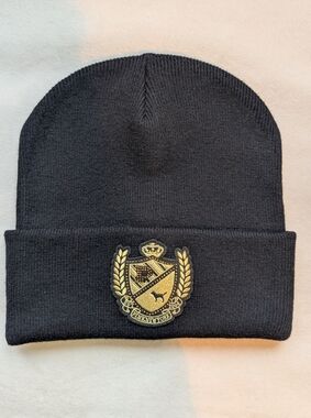 PINK Victoria’s Secret Women’s Black Knit Beanie Hat Gold Crest Logo Y2K Style